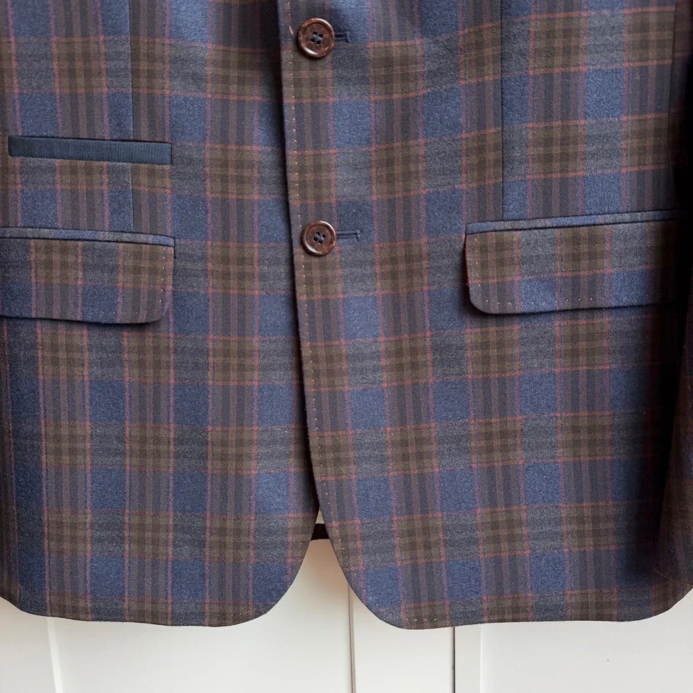 Ted Baker Tight Lines Blazer 38R Blue Brown Plaid Windowpane Preppy Sport Coat